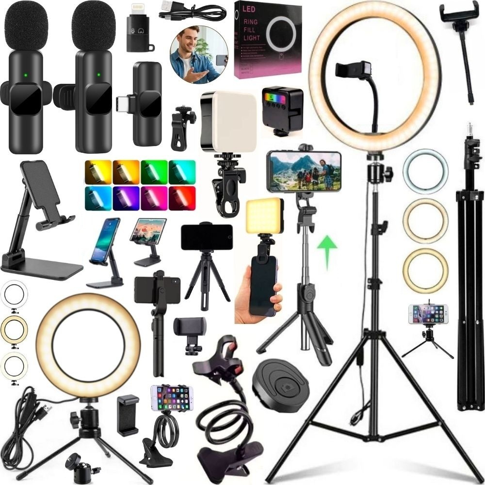 Kit Filmagem Completo Ring Light Luz Led Tripé Microfone Bastão Acessórios Celular Vídeo 15pçs