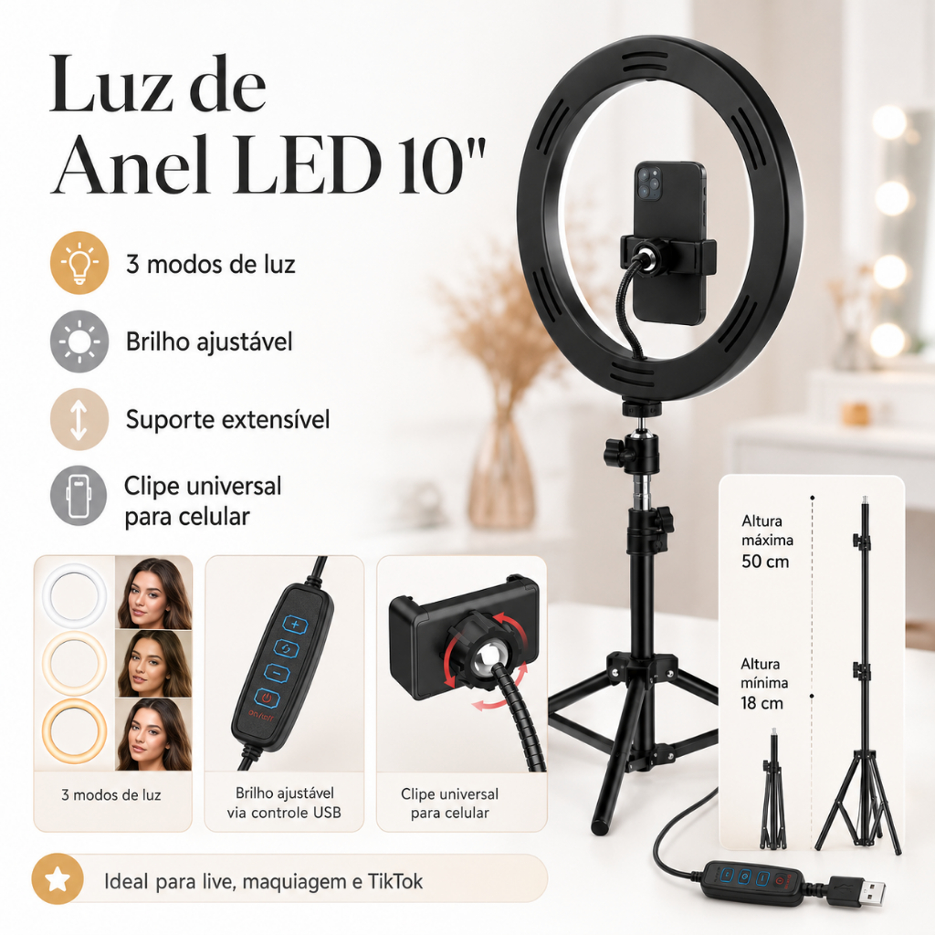 2.1 M Ring Light Iluminador 10 Polegadas Com Tripé Flashes para Celular e Luzes para Selfies Ringlight LED Luz Flash Est