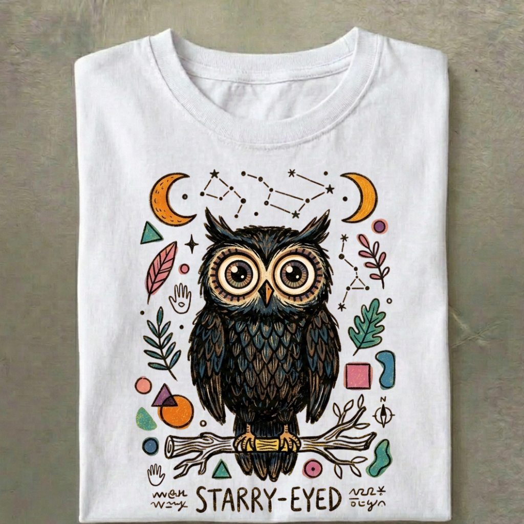 Camiseta Coruja Da Noite Vintage Art Cartoon Fofa 100% Algodão Aesthetic Unissex