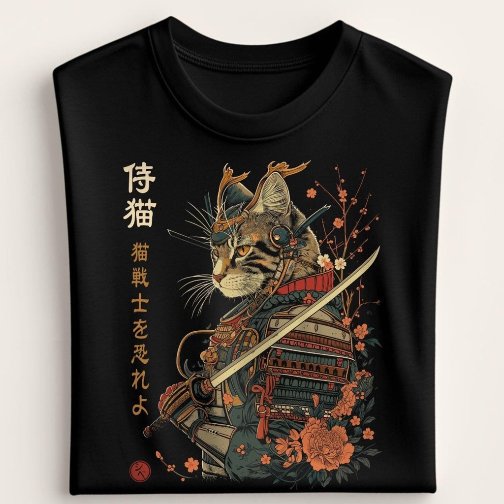 Camiseta Unissex Oversized Plus Size Feminina Masculina Samurai Cat   Japanese Cat Art Aesthetic, Cat Lover