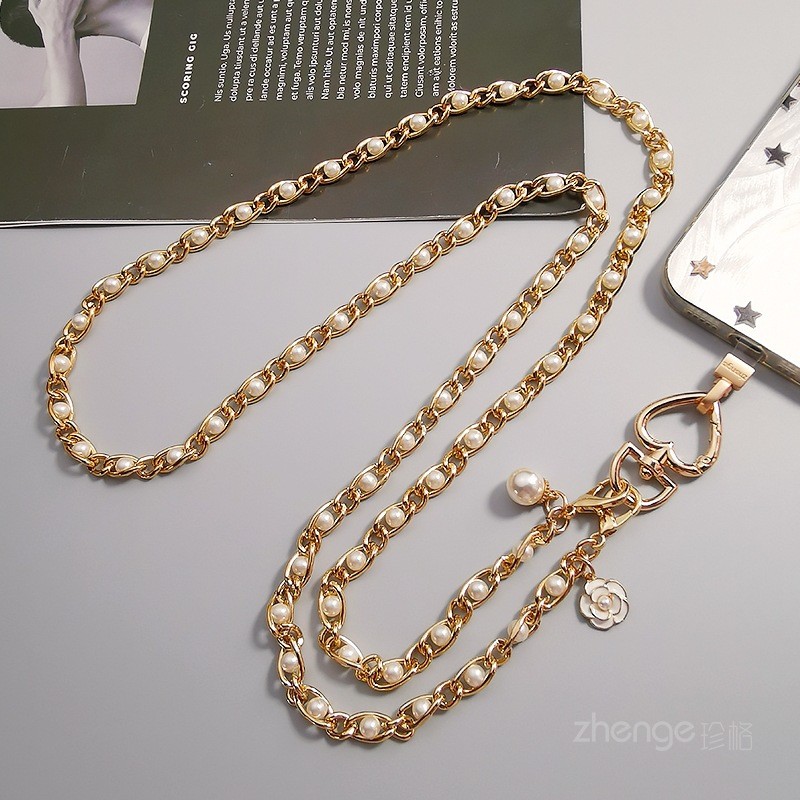Cordão de corrente para celular Crossbody moda feminina camélia pérola corrente longa requintada High-End ao ar livre no
