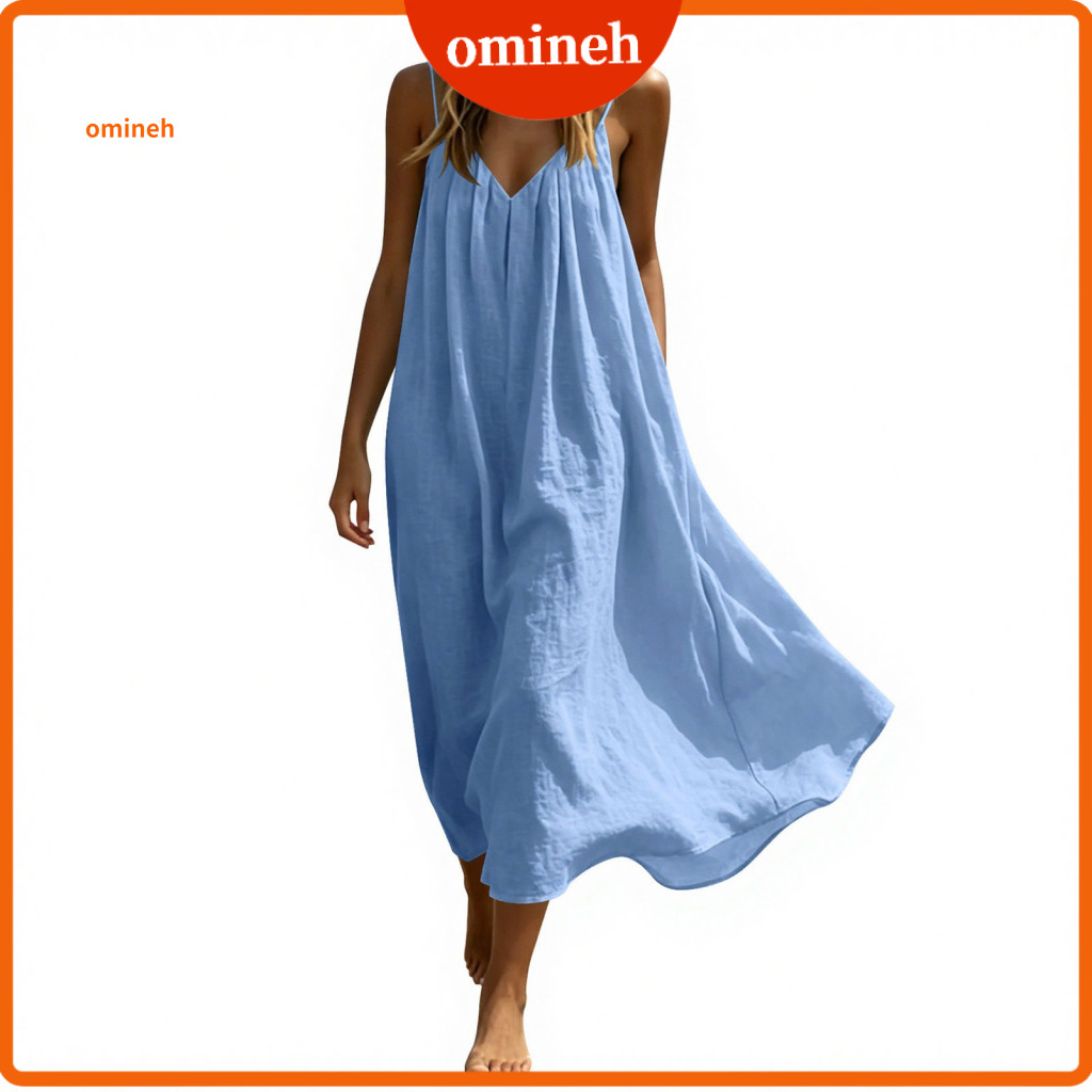Women Dress Comfortable Summer Women’s Spaghetti Strap Beach V Neck Cami Sundress Loose Flowing Long Vacation Lightwei