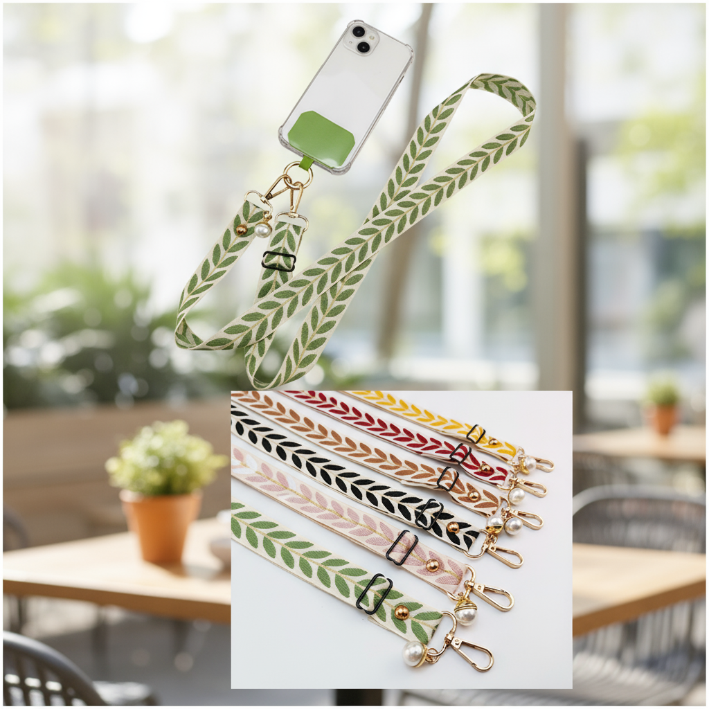 Alça Longa Ajustável para Celular: Alça de Ombro Transversal com Cordão de Tecido Largo, Charme de Pérola e Chaveiro