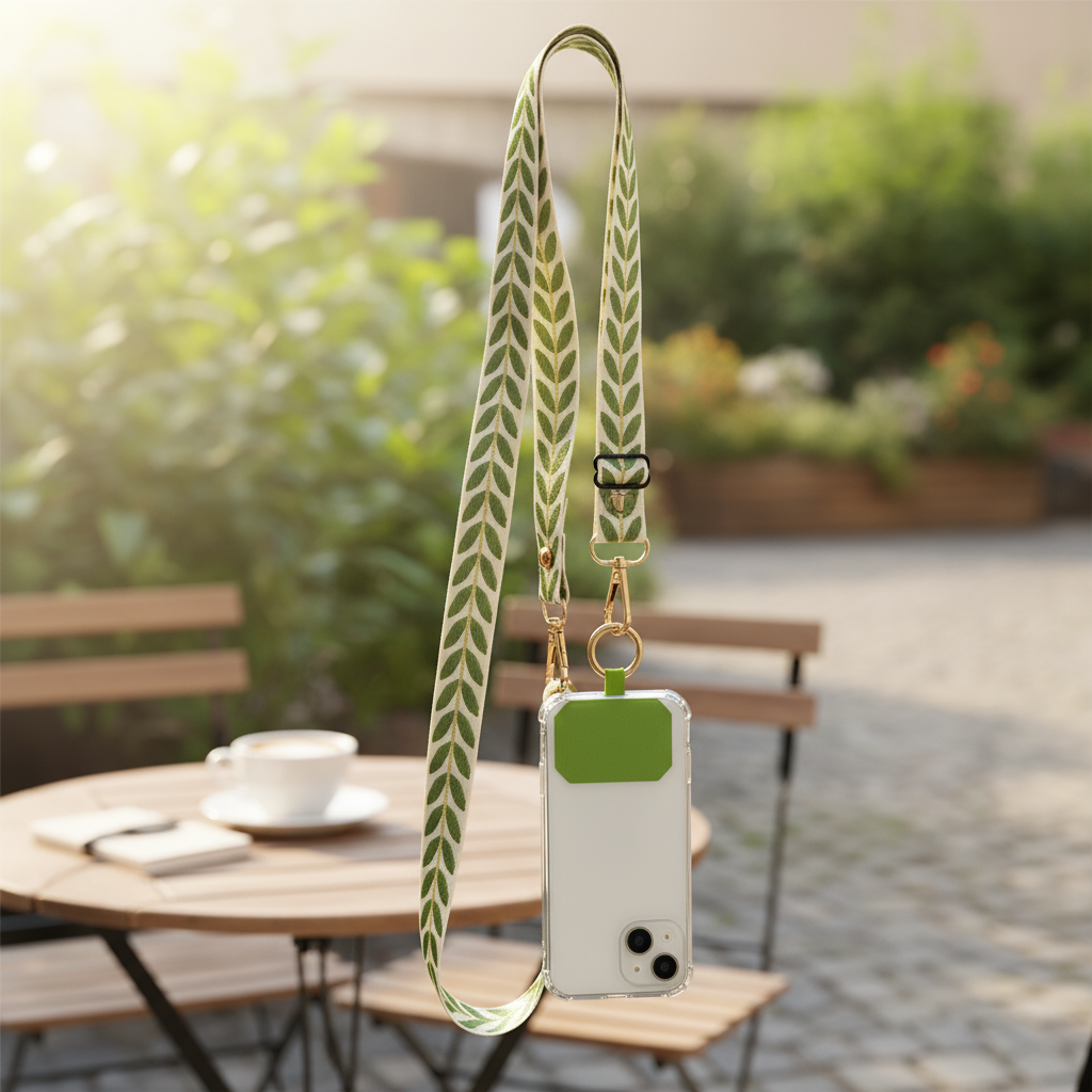 Alça de ombro ajustável e longa para telefone: cordão largo de tecido cruzado com charme de pérola e chaveiro para