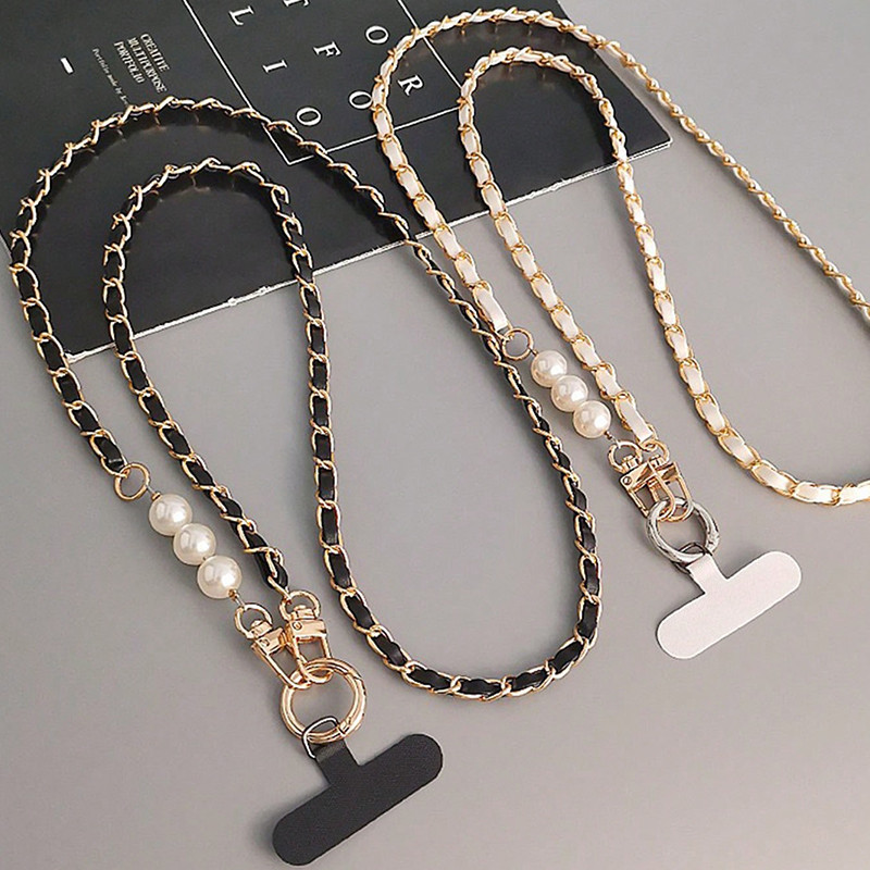 Moda Pérola Metal Couro Alça De Ombro Longa Capa De Telefone Corda Pendurada Adequada Para Meninas