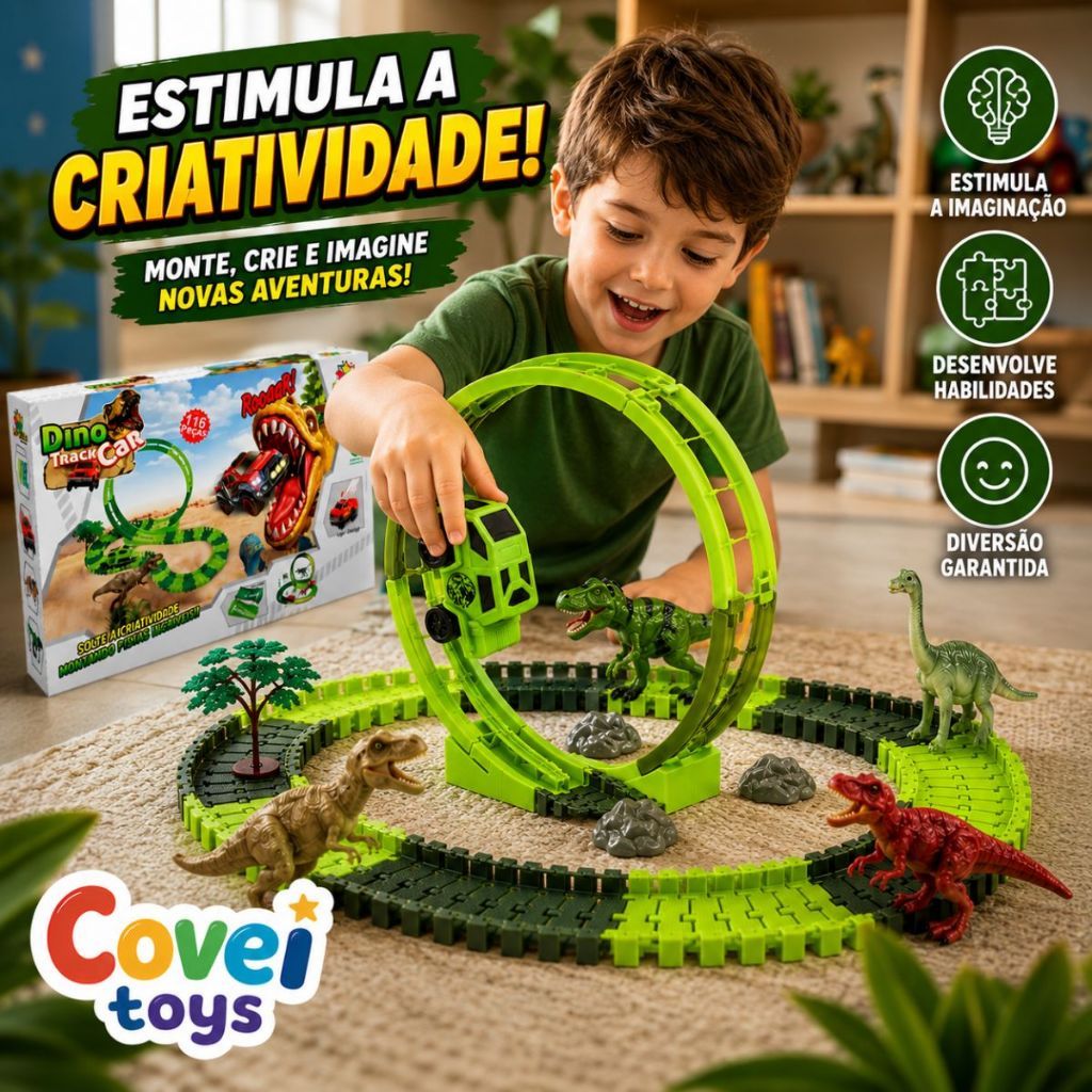 Pista Dinossauro Dino Track Car 116 Peças Com Looping Carrinho Trilhos Flexíveis E Dinossauros