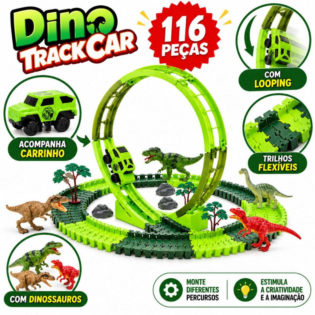 Pista Dinossauro Dino Track Car 116 Peças Com Looping Carrinho Trilhos Brinquedo Criança Educativo