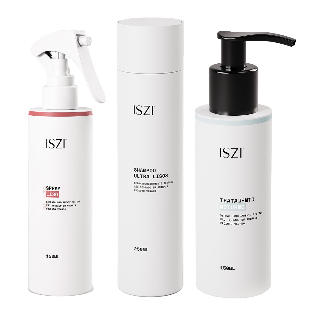Kit Liso Nutrido Iszi Shampoo, Tratamento Noturno, Spray Liso Cabelos Alinhados, Macios e Sem Frizz