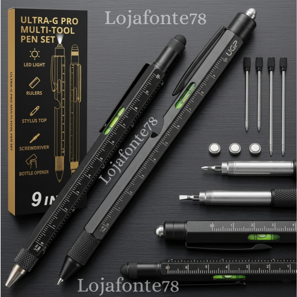 Caneta Multiferramenta 9 em 1 de Metal com LED, Régua, Nível, Chaves e Abridor HMP-P248