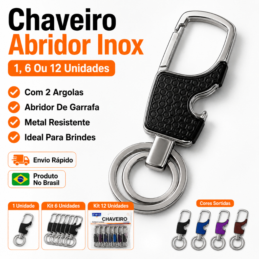 Chaveiro Abridor Inox Com 2 Argolas Metal Resistente Portátil 1 Unidade  Kit 3 Kit 6