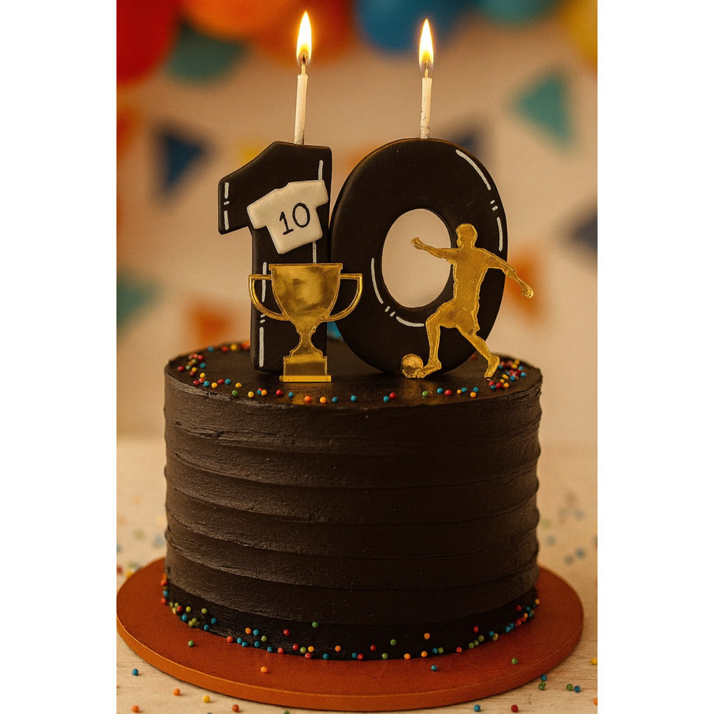 Vela de Futebol 10 Anos Preto em Biscuit para Decoração