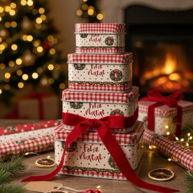 Kit 4 Latas Decor Feliz Natal Biscoitos Doces e Presentes