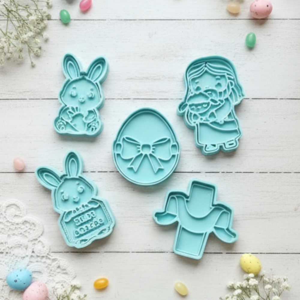 Cortadores de Biscoito de Páscoa  – Coelho, Ovo, Cruz e Jesus – Confeitaria e Decoração Kit com 5 feliz pascoa