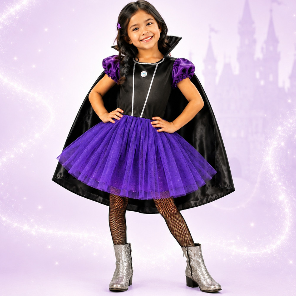 Fantasia Infantil Rainha Sombria Roxa com Capa e Saia de Tule Halloween Festa à Fantasia