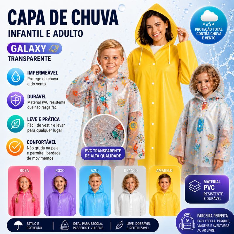 Capa de Chuva Colorida e Galaxy Com Capuz e Botão Transparente Infantil Adulto Material Impermeável
