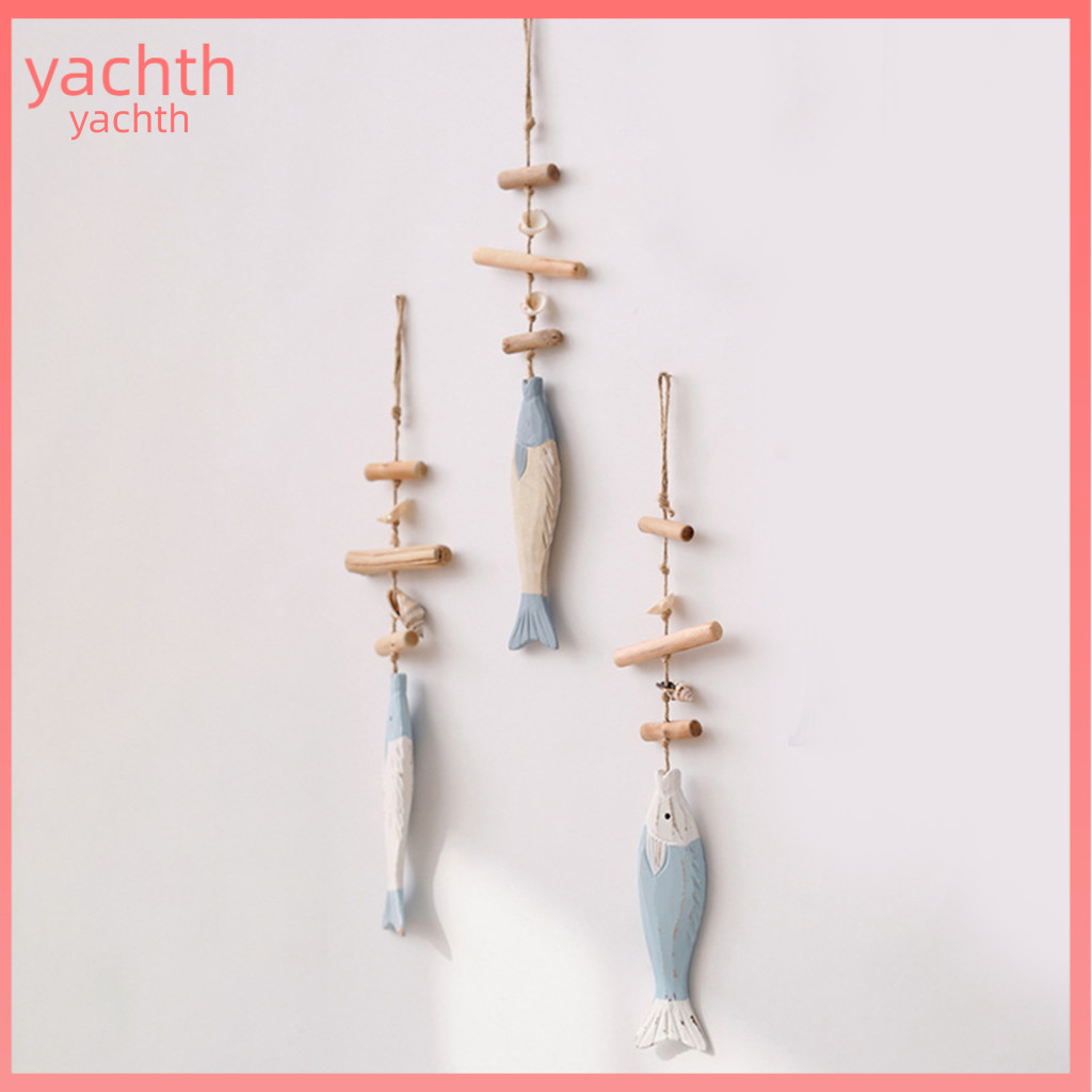 Decorative Fish Charm Handmade Small Pendant Wall Decor with Hemp Rope – Solid Wood Coastal Style Ornament Easy to Han