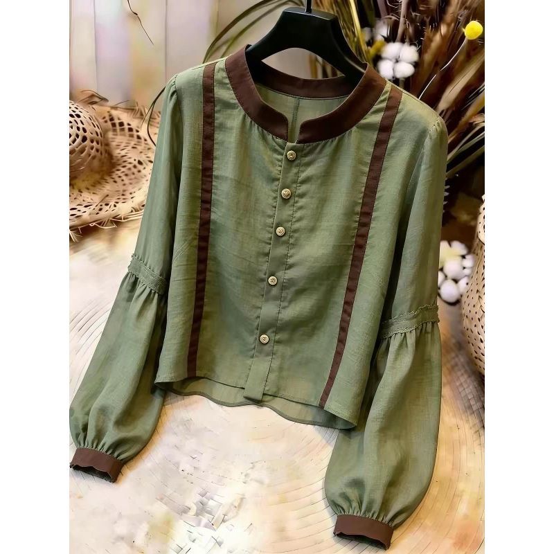 [Novidades] Camisa de manga lanterna verde estilo viajante 2026, Top elegante com costura em cores contrastantes