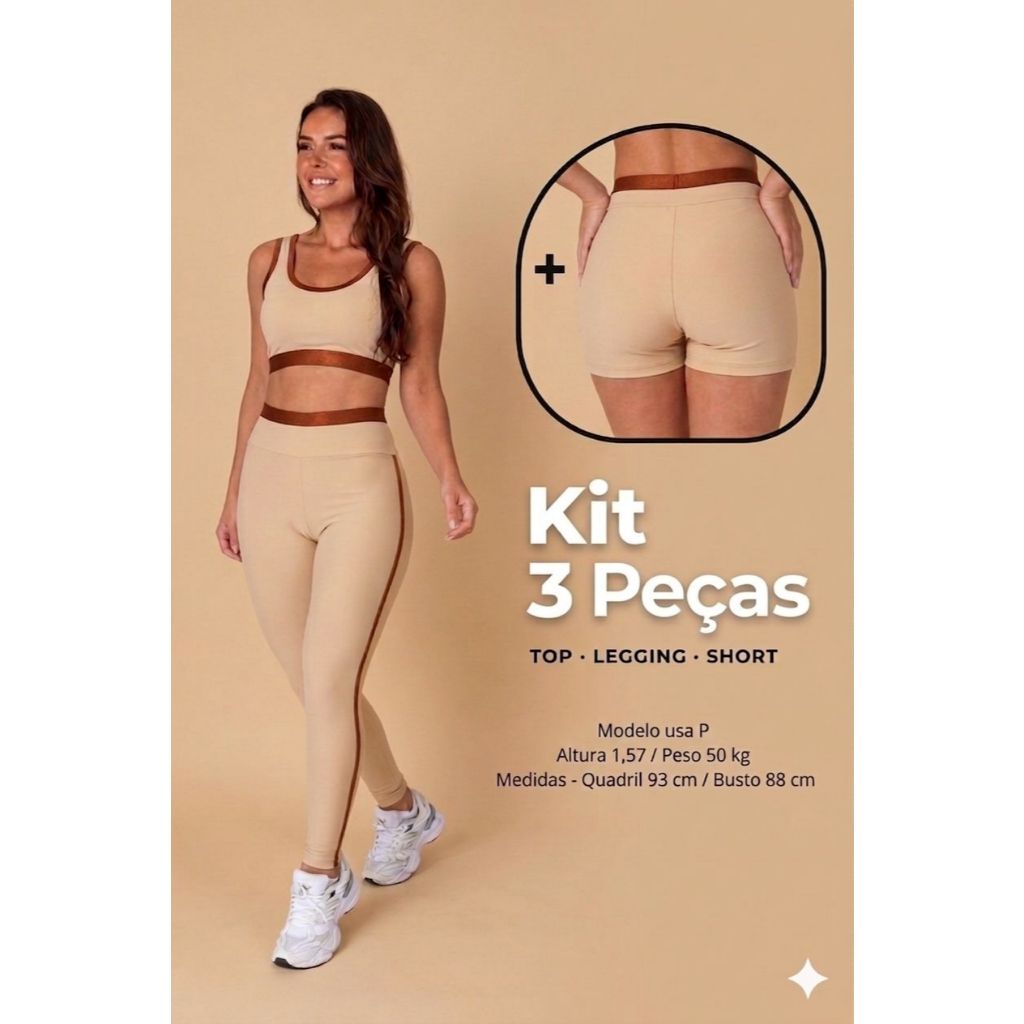 KIT 3 PEÇAS TOP, SHORTS E LEG BEGE cor contrastante