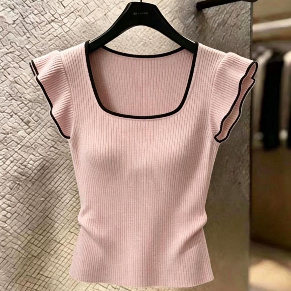 [Promoção por tempo limitado] Suéter de seda gelada com Design de novo estilo de verão, gola quadrada, cor contrastante,
