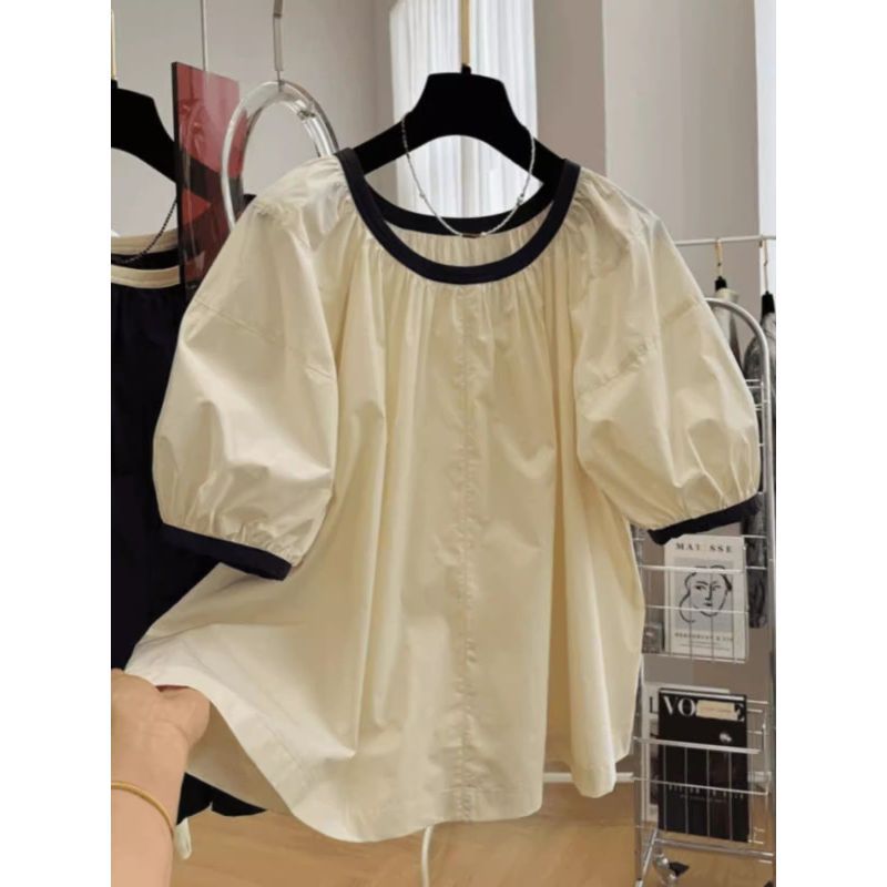 [Seckill por tempo limitado] Camisa estilo coreano de alta qualidade, cor contrastante requintada, gola redonda, manga R