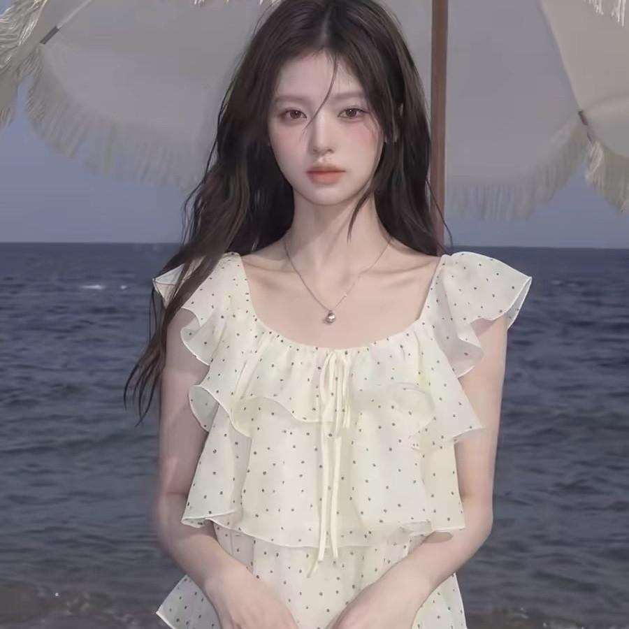 [Promoção por tempo limitado] Camisa de Chiffon estilo coreano elegante cor contrastante bolinhas amarradas manga voador