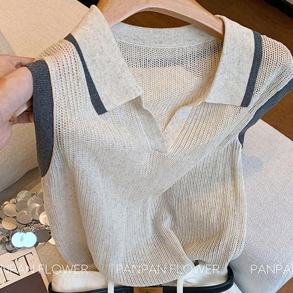 [Venda por tempo limitado] Colete de malha sem mangas com gola polo de cor contrastante simples, ajuste fino de verão, a