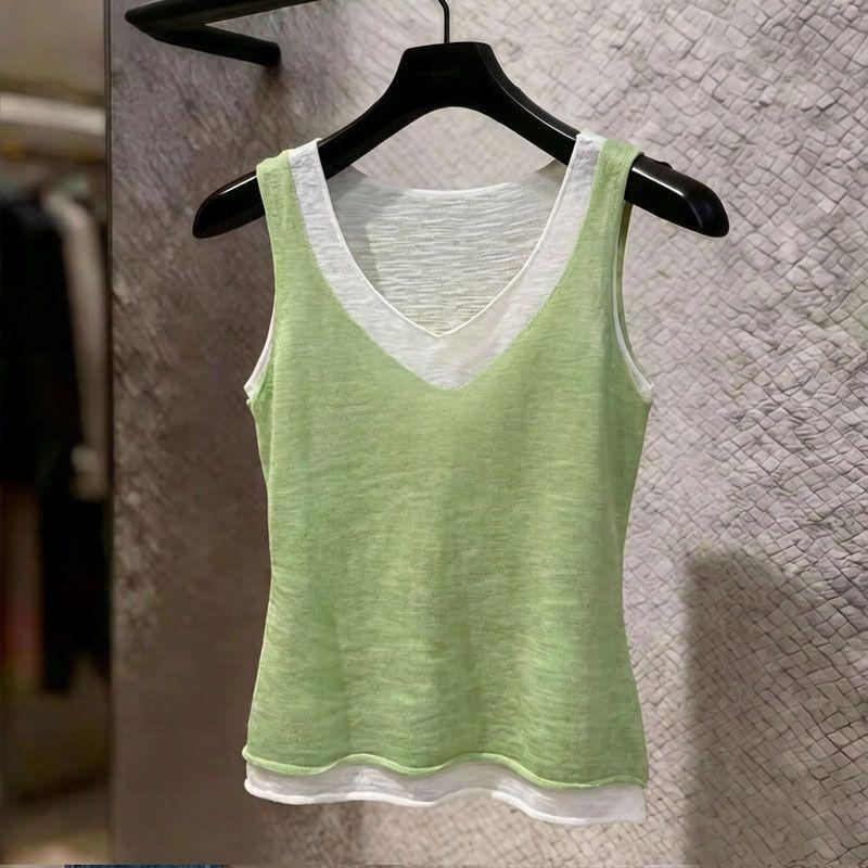 [Novidades] Maçã verde branca ~ estilo coreano cor contrastante fresca falsa de duas peças com decote em V colete de mal