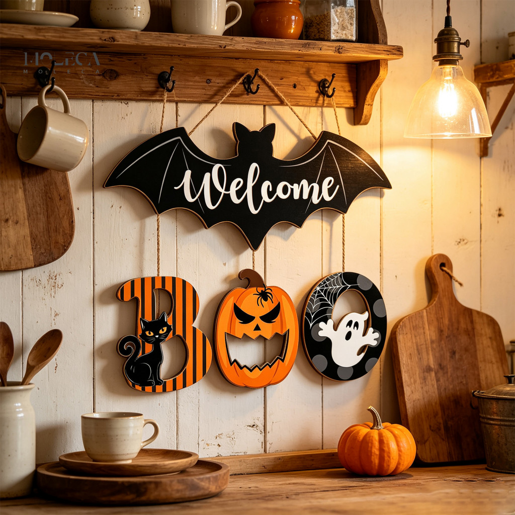Halloween Hanging Wood Sign Easy Setup Decoration Wooden Door Ghost Pumpkin Black Cat Bat Welcome Decor for Front Wall W
