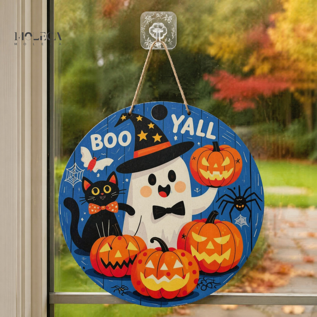 Halloween Wooden Hanging Sign Retro Party Scene Prop Door Hanger with Cute Ghost Black Hat Pumpkin Print – Round Front