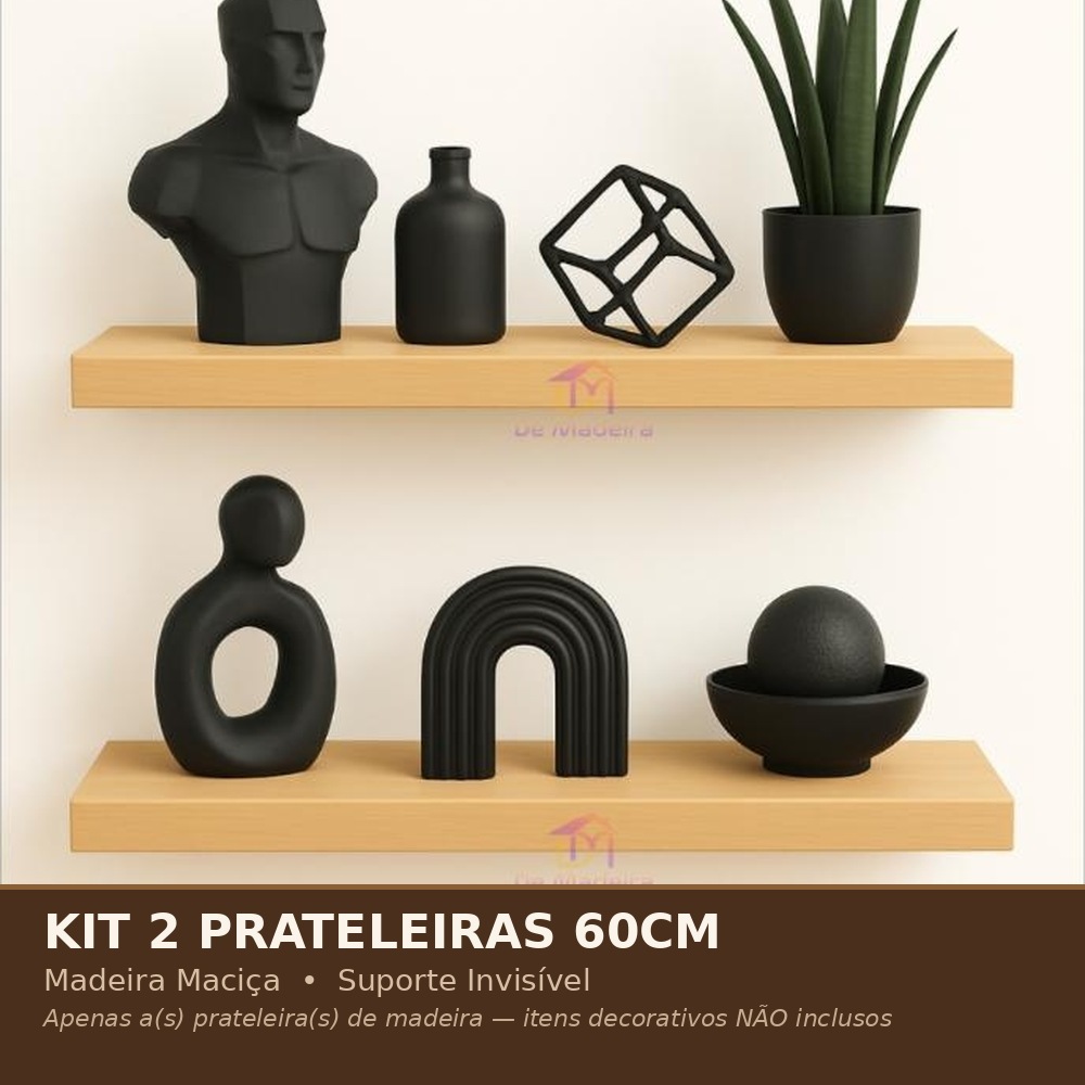 Kit 2 Prateleiras Nicho 60cm Suporte Invisível Madeira Maciça Reforçada Sala Cozinha Quarto