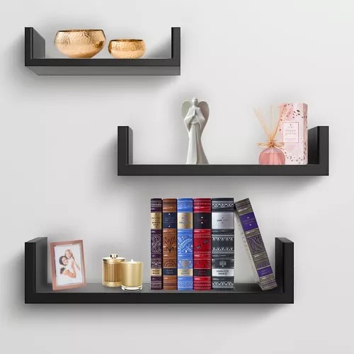 Kit Prateleira Nicho U Em Mdf Preto 40/50/60cm Sala Quarto Cozinha