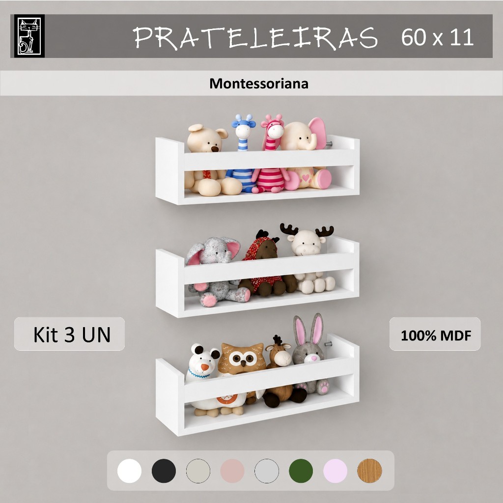 Kit 3 Prateleiras Nicho Montessoriana 60cm X 11cm - Branca, Preta, Off White, Cinza, Bege, Rose, Lilás, Verde, Freijo