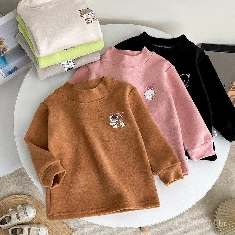 Children's half-high collar base shirt for boys and girls, autumn and winter fleece-lined, warm, long-sleeved, Korean st