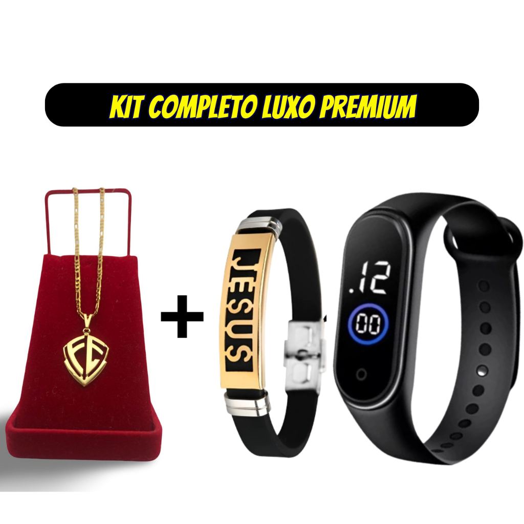 Corrente Infantil 18K 3x1 Menino  + Pingente + Pulseira Escruto Jesus – Qualidade Premium Garantida