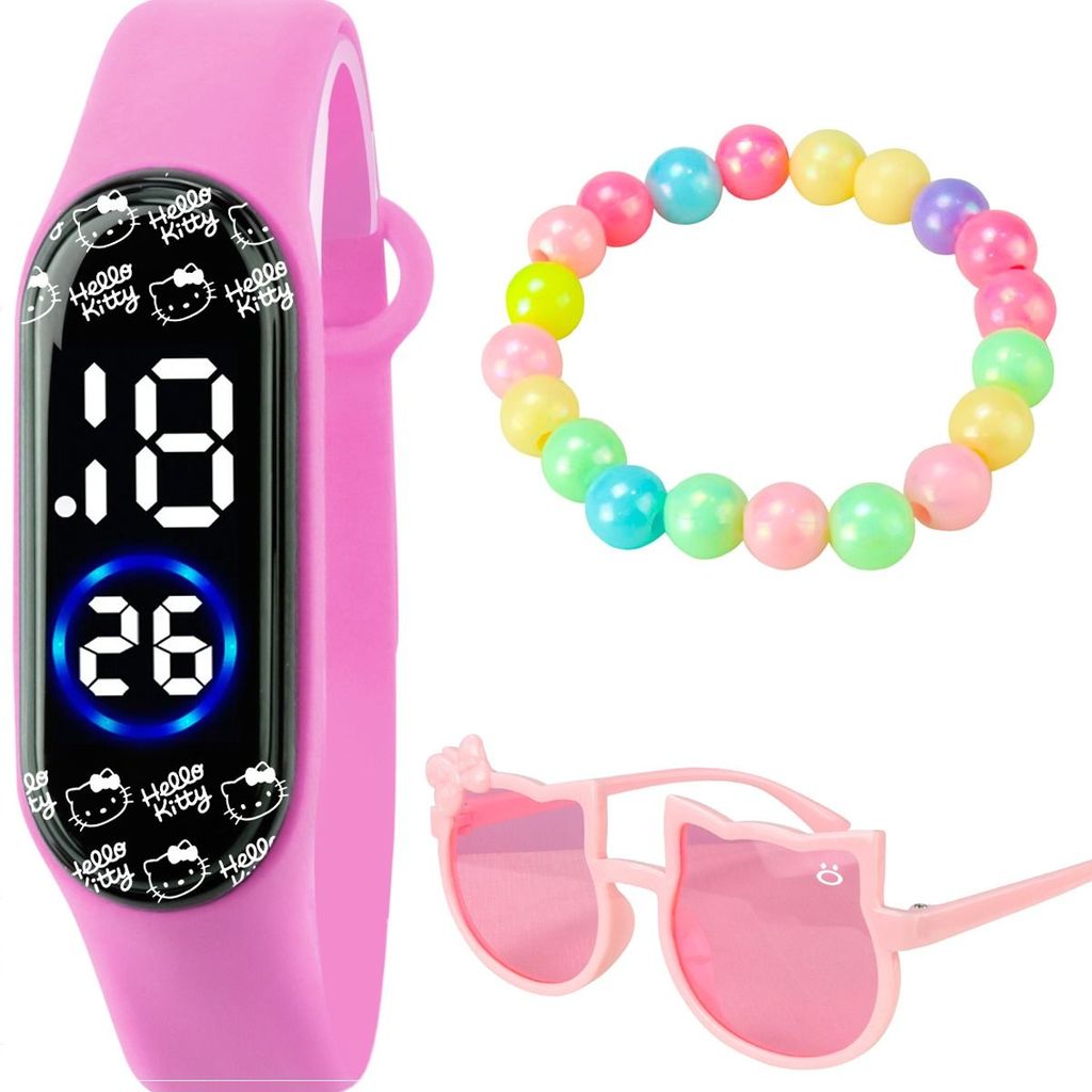 Relogio digital infantil led rosa + oculos sol + pulseira prova dagua qualidade premium original