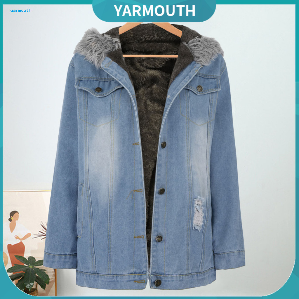 Autumn Winter Women Jacket Distressed Denim Women’s with Furry Hood Thickened Plush Lining Long Sleeves Button Closure