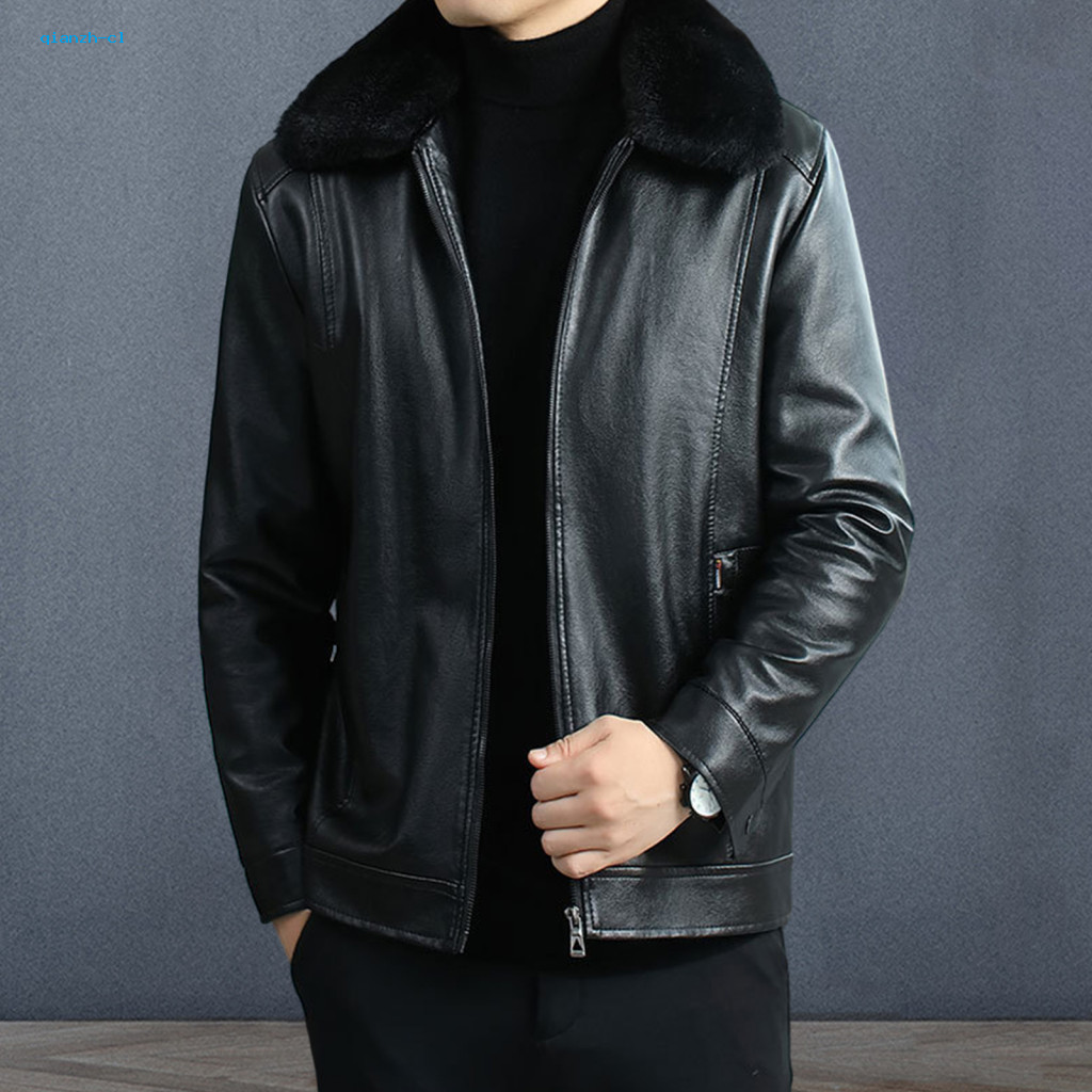 Lapel Collar Jacket Coat Men Faux Leather Men's Autumn Winter with Furry Thick Plush Lining Long Sleeve Zipper for South