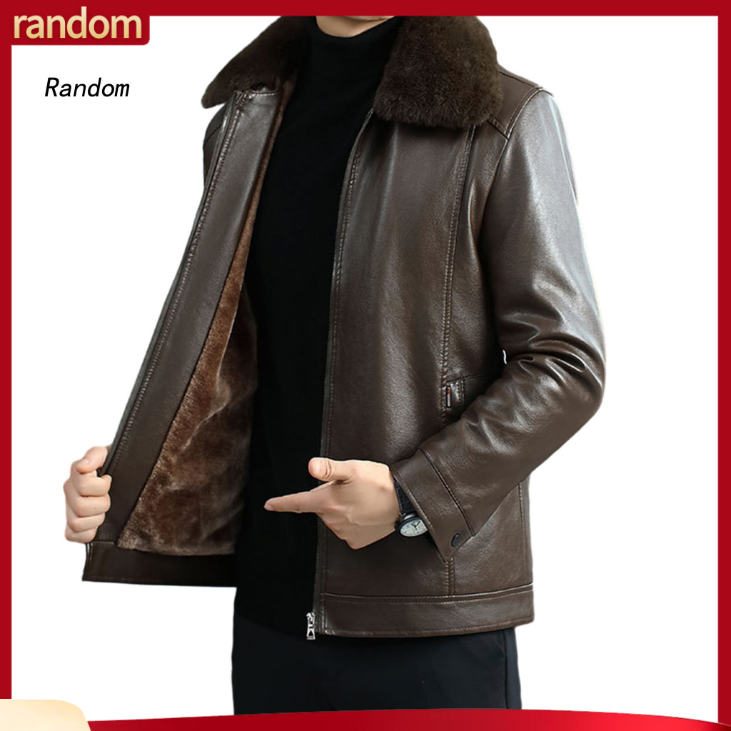 Zipper Closure Men Jacket Faux Leather Men's Autumn Winter with Furry Lapel Thick Plush Lining Long Sleeve Coat for Sout