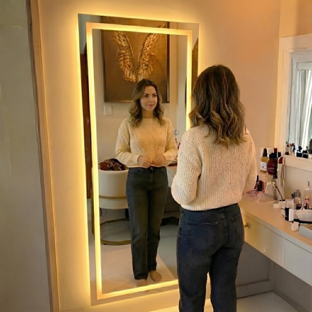 Espelho Lopazzi para Fotos e Vídeos LED 170x70 Corpo Inteiro Grande Touch 3 Tons de Luz Ring Light Closet