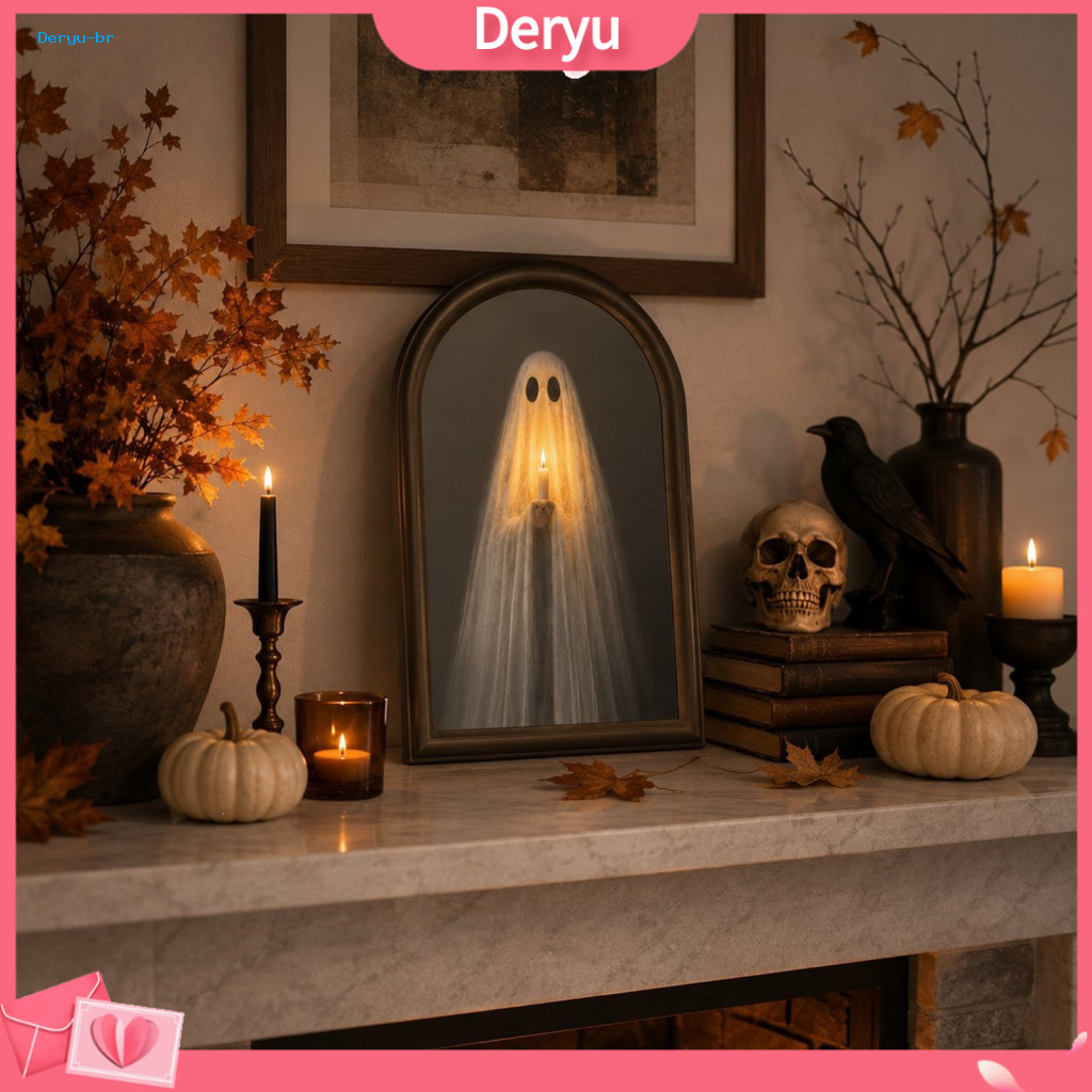 Vintage Style Mirror Spooky Light Up Halloween Ghost Decoration – Holding Candle for Wall Table Mantel Indoor for Home