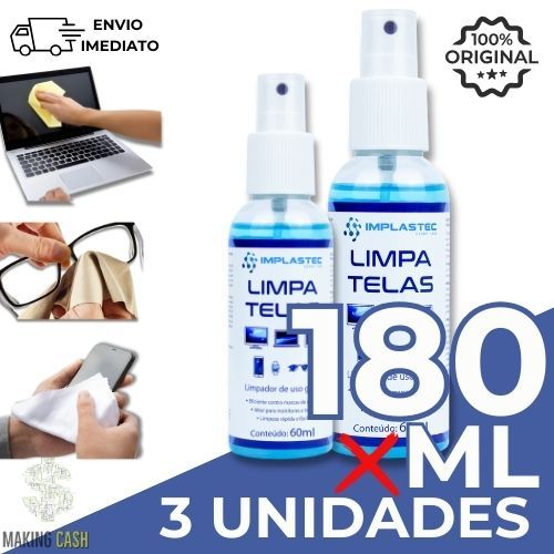 Kit 3 Limpa Telas Clean Implastec 60ML Para Celular, Monitor, TV e Óculos Remove Manchas, Anti-Risco