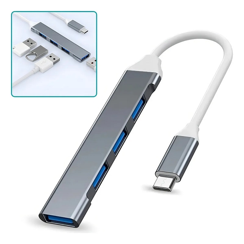 Hub USB Type-C 4 Portas 3 USB 2.0 + 1 USB 3.0 5Gbps MXT Adaptador para Notebook Tablet Celular PC Plug and Play