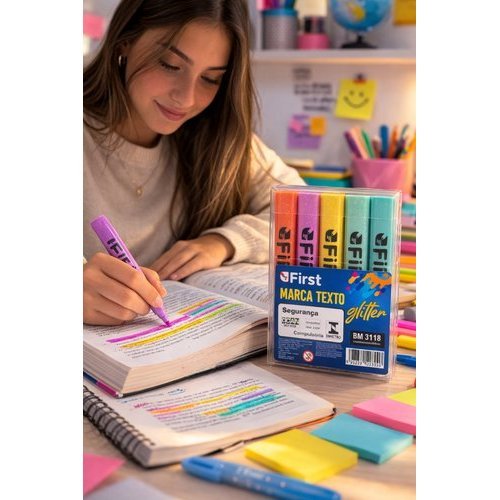 Marca Texto Glitter 4 Cores Canetas Destaque Estudos Organização