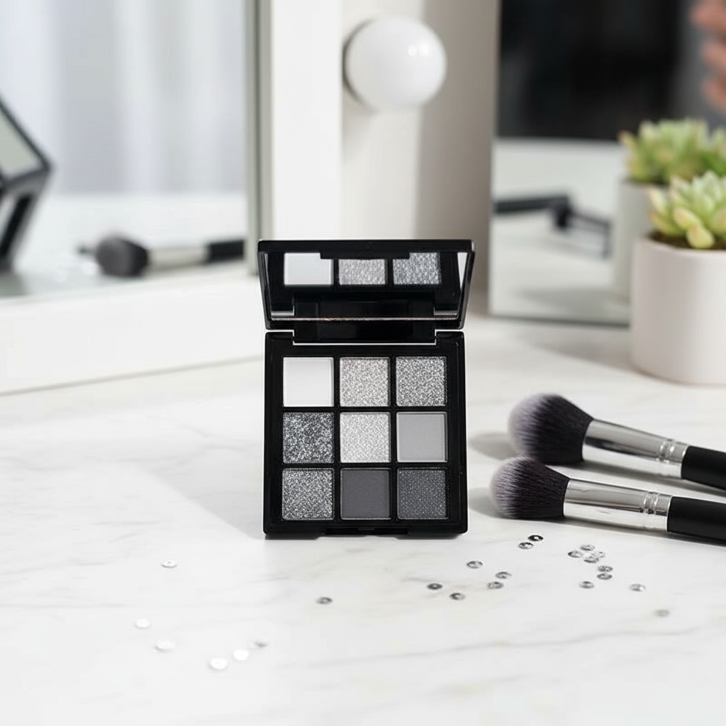 Paleta de Sombras Metálicas 9 Cores Cinza Escuro Punk Fumê Preto Glitter Festa Festiva