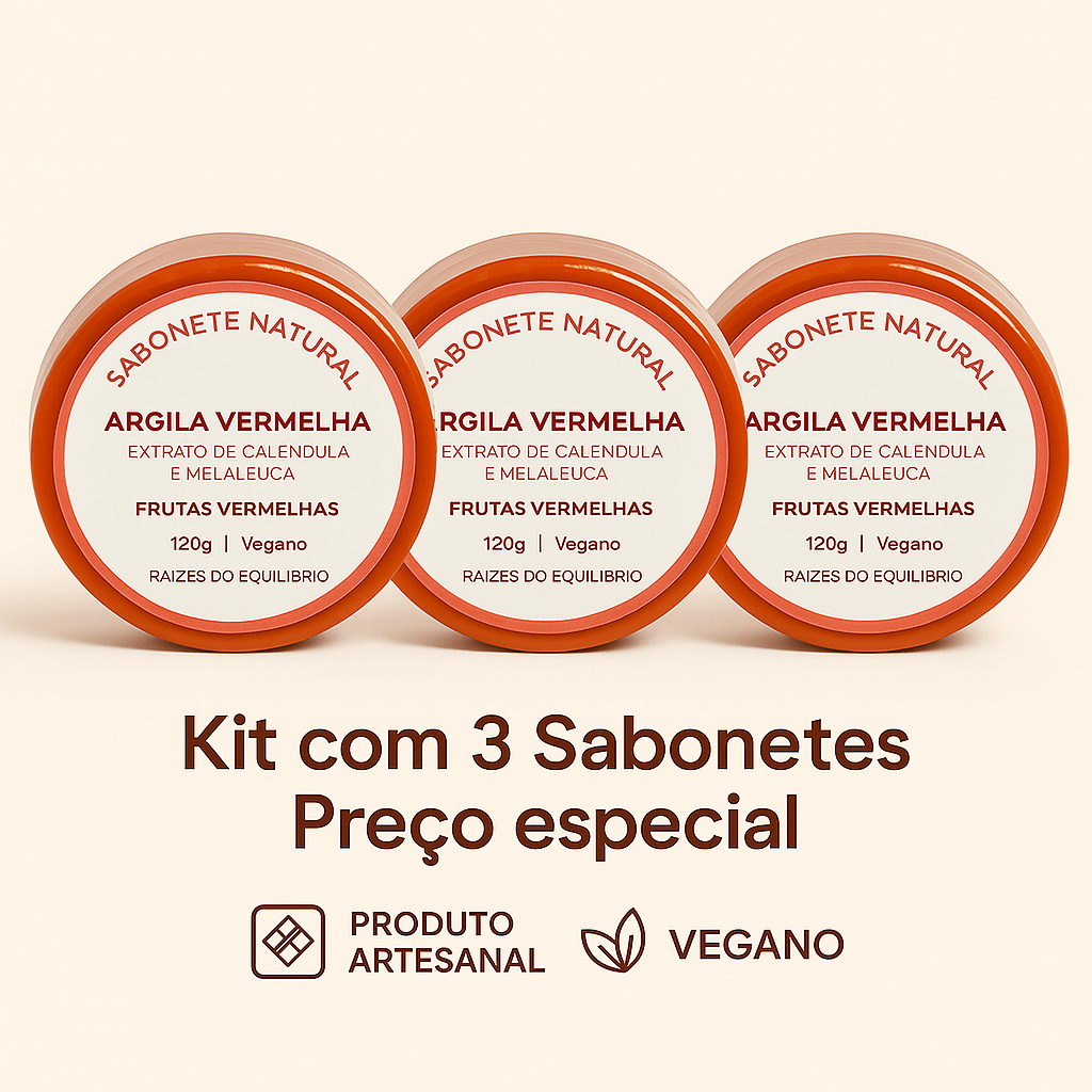 Kit Especial com 3 Sabonetes Fitoterápico Artesanal de Argila Vermelha, Calêndula e Melaleuca 120g