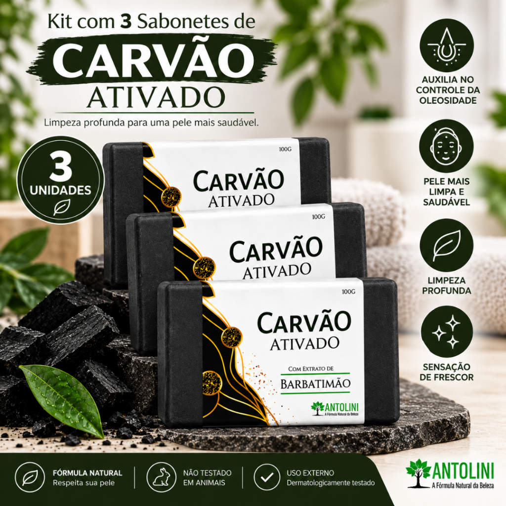 Kit 3 Sabonetes Carvão Ativado Melaleuca Facial Pele Oleosa Cravos Espinhas