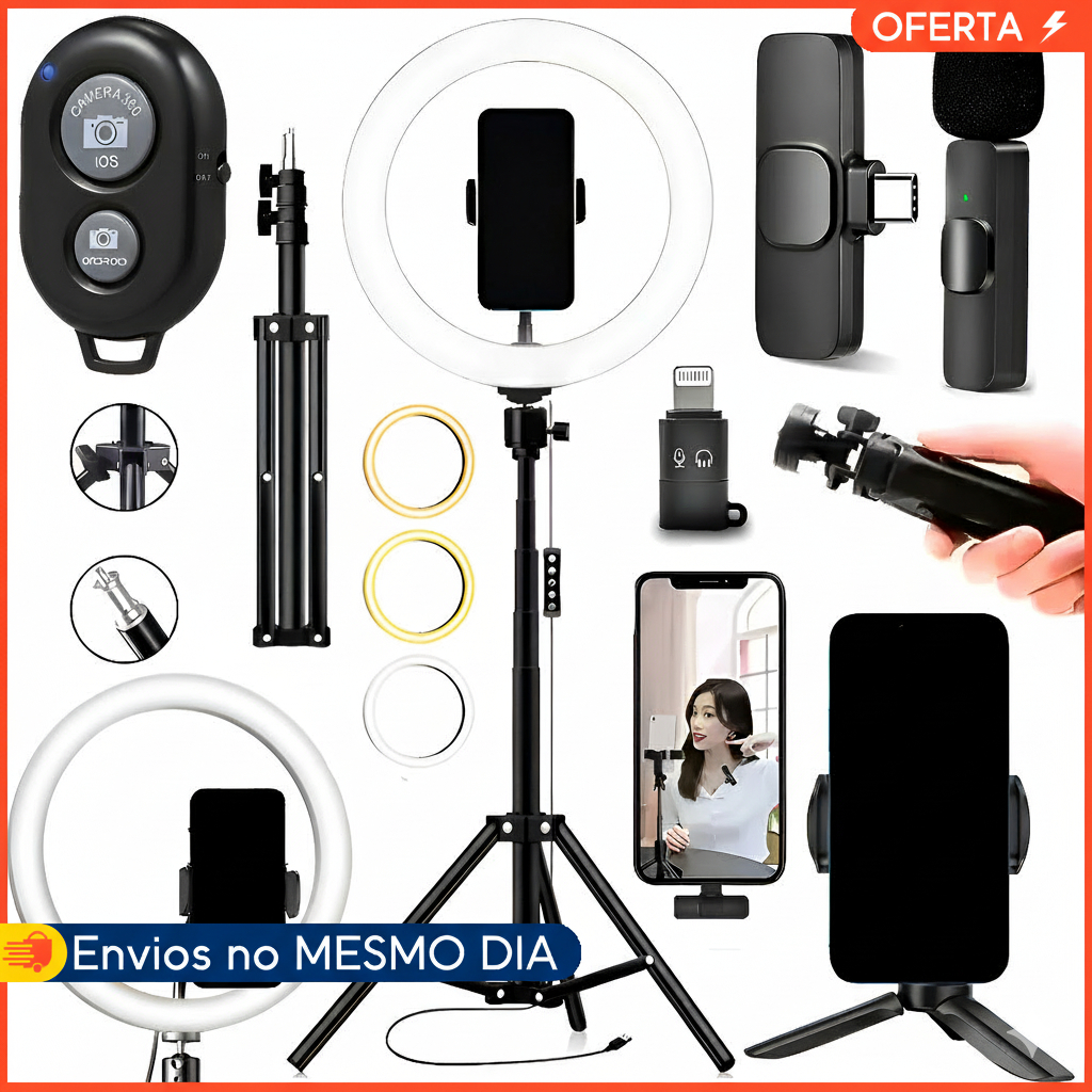 Kit Tiktok Ring Light 26cm Tripé 2,10m Microfone Lapela Sem fio Suporte Celular Selfie Profissional