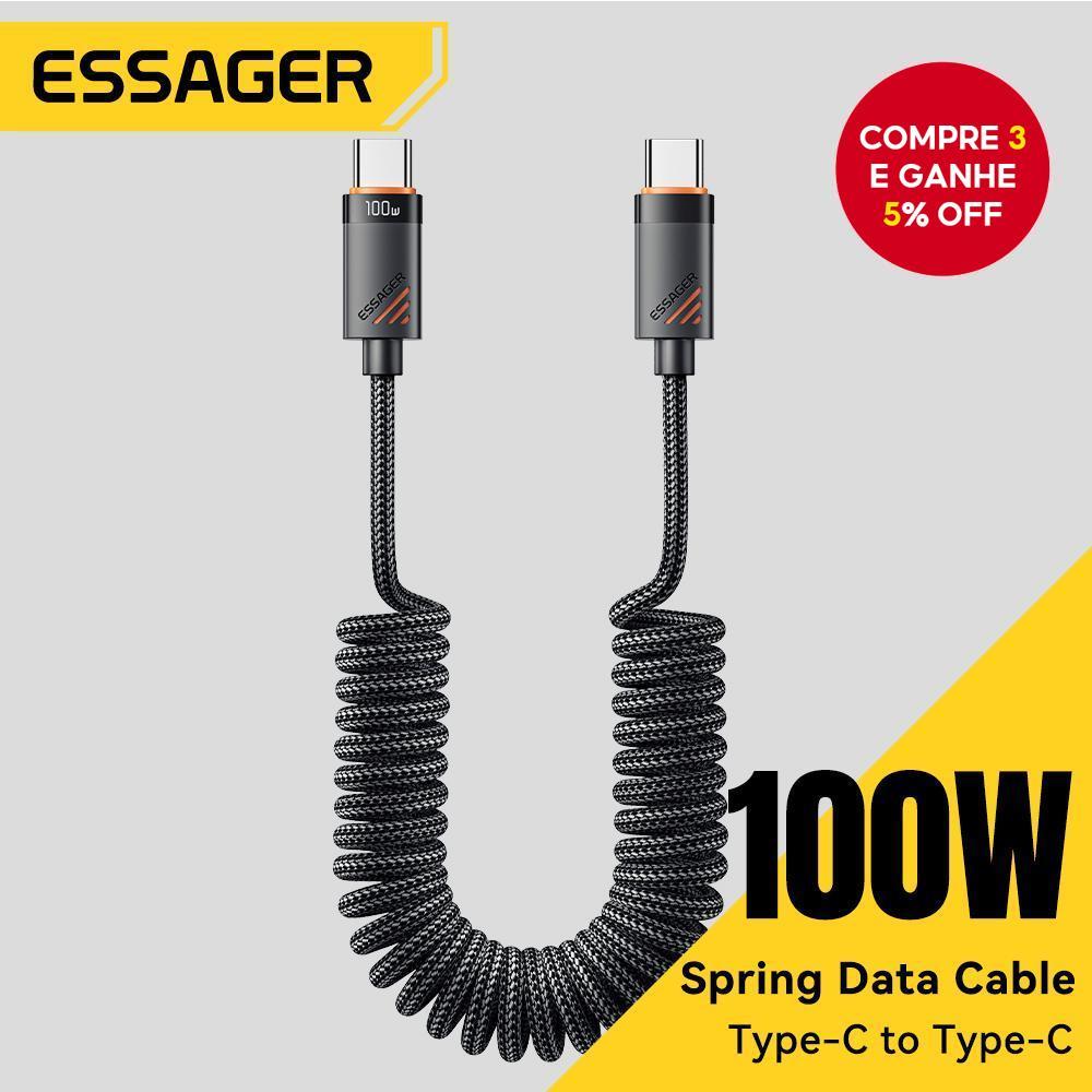 Essager Cabo Tipo C para Carro Mola para iPhone 16 1514 Xiaomi Samsung 100W PD Carregamento Rápido para Macbook iPad