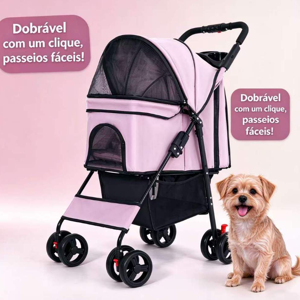 Carrinho de Passeio para Cachorro e Gato até 20kg – Dobrável com Porta - Copo e Alça com Altura Ajustável
