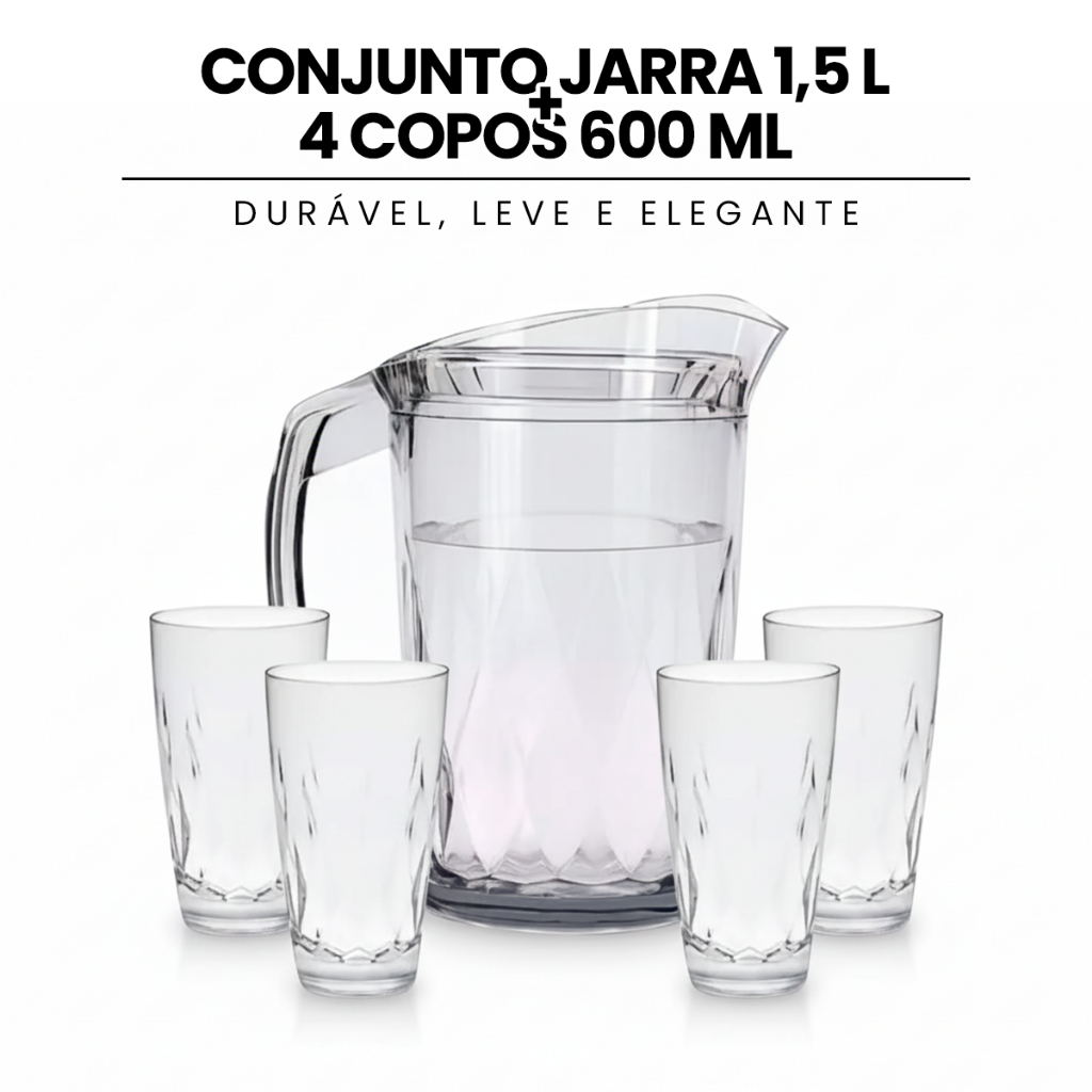 Conjunto Jarra 1,5 L + 4 Copos 600 ml – Durável, Leve e Elegante